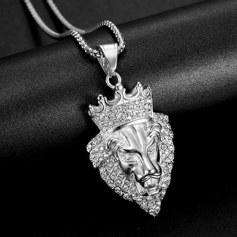 Hip Hop Titanium Steel Plated Crown Lion Head Zircon Pendant