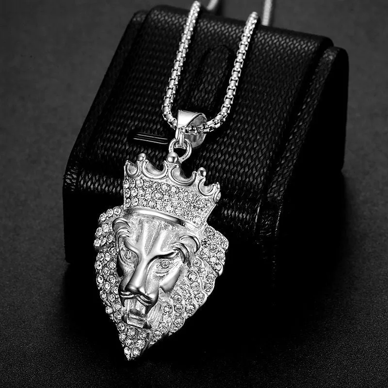 Hip Hop Titanium Steel Plated Crown Lion Head Zircon Pendant