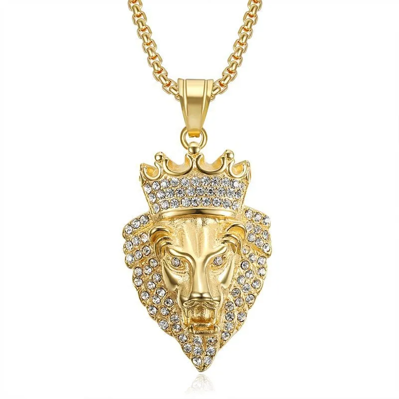 Hip Hop Titanium Steel Plated Crown Lion Head Zircon Pendant