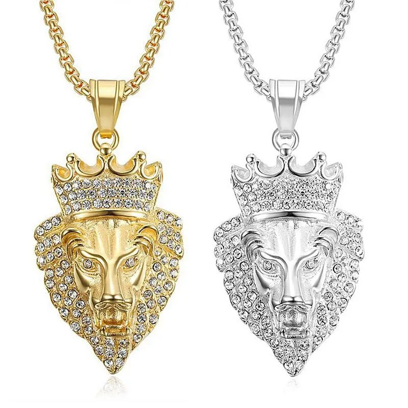 Hip Hop Titanium Steel Plated Crown Lion Head Zircon Pendant