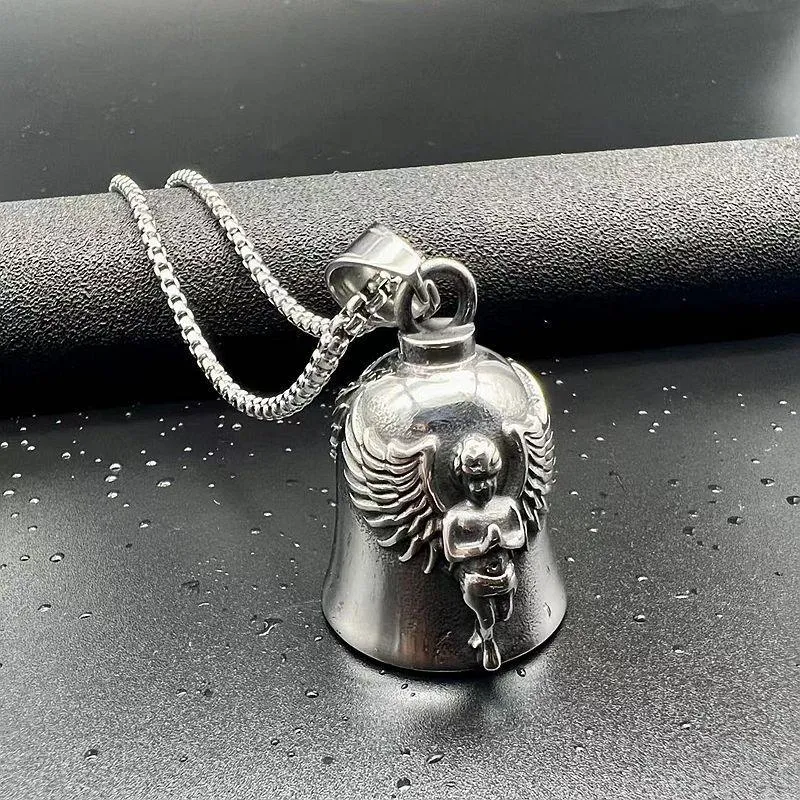 Hip Hop Titanium Steel Punk Motorcycle Lucky Angel Wings Exorcism Bell Pendant