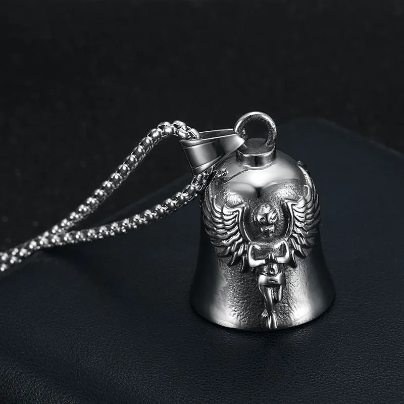 Hip Hop Titanium Steel Punk Motorcycle Lucky Angel Wings Exorcism Bell Pendant