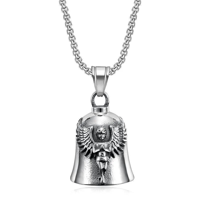 Hip Hop Titanium Steel Punk Motorcycle Lucky Angel Wings Exorcism Bell Pendant