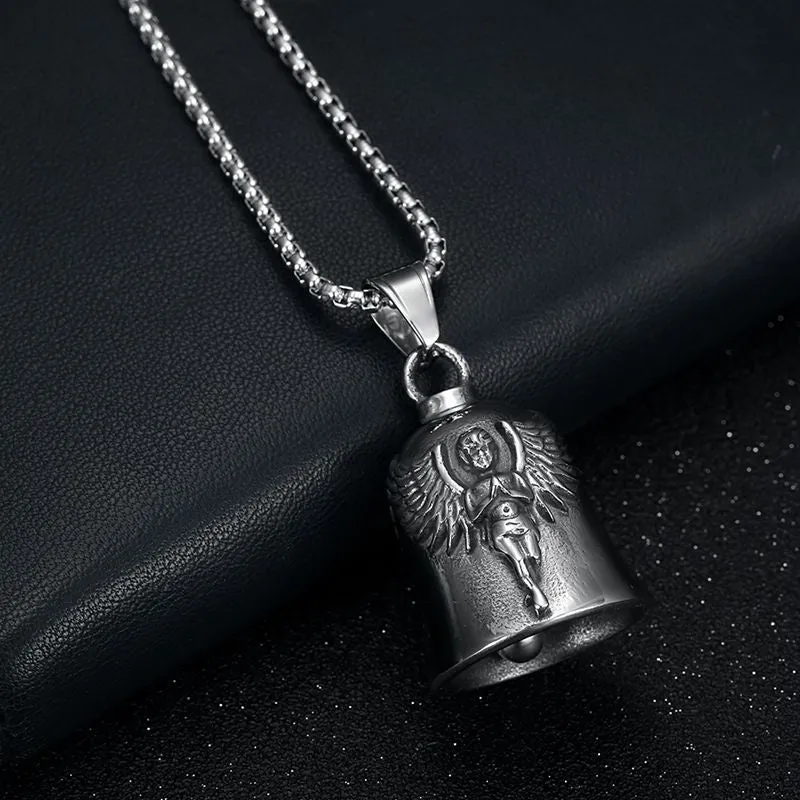 Hip Hop Titanium Steel Punk Motorcycle Lucky Angel Wings Exorcism Bell Pendant