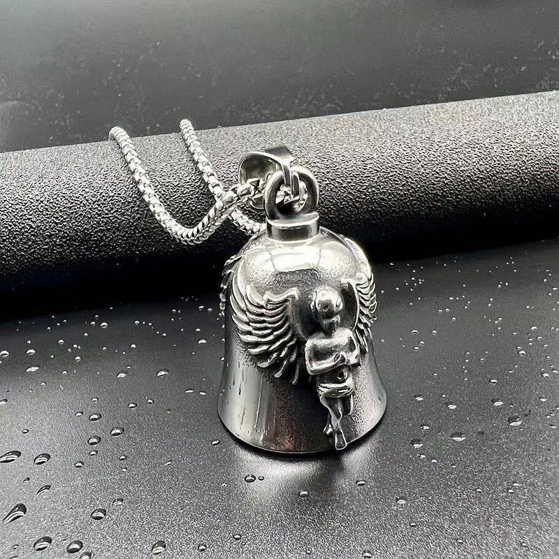 Hip Hop Titanium Steel Punk Motorcycle Lucky Angel Wings Exorcism Bell Pendant