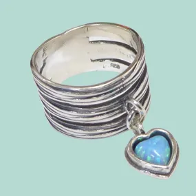 Israel Sterling Silver 925 Ring Dangle Blue Opal Heart Love Jewelry