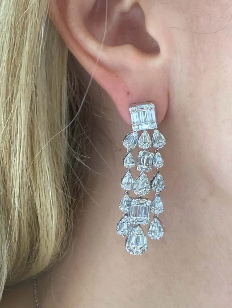 Kendra 6 Carat Combine Mix Shape Diamond Chandelier Earrings in 14k White Gold