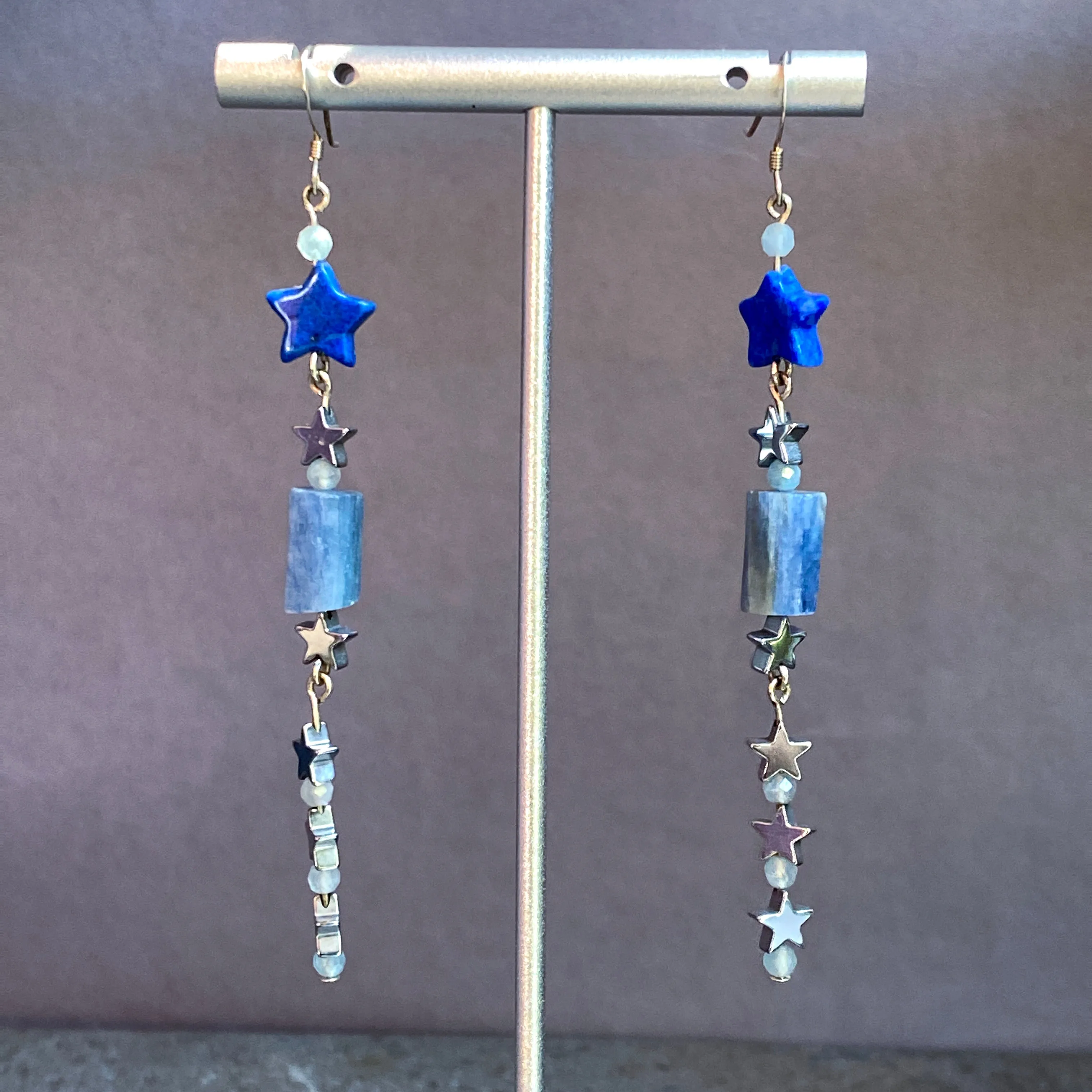 Lapis Star, Hematite Star, Kyanite, and Aquamarine Gemstone Earrings