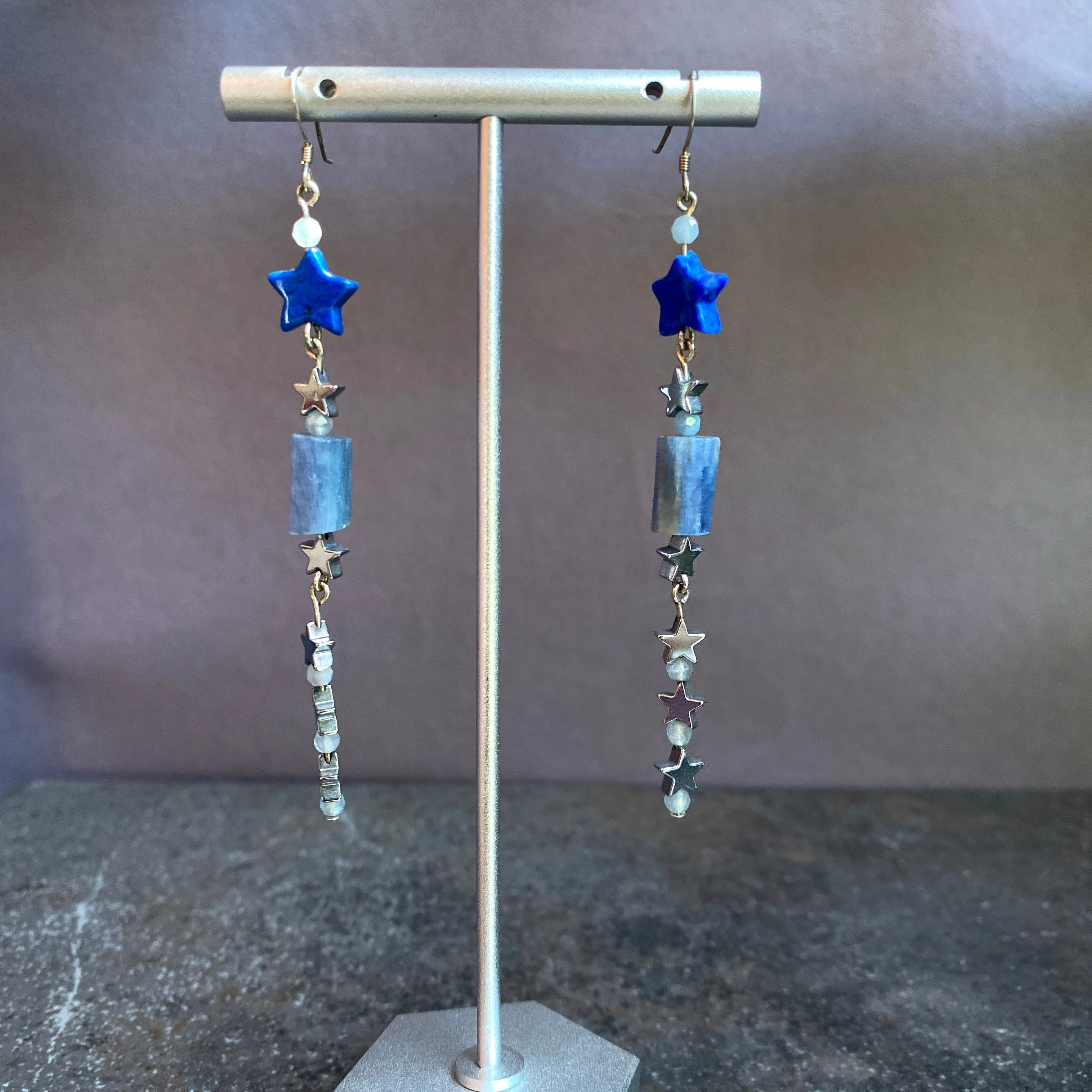 Lapis Star, Hematite Star, Kyanite, and Aquamarine Gemstone Earrings