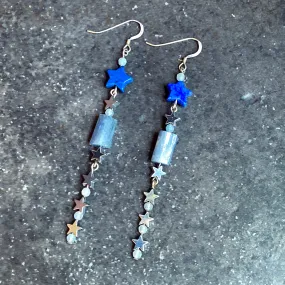 Lapis Star, Hematite Star, Kyanite, and Aquamarine Gemstone Earrings