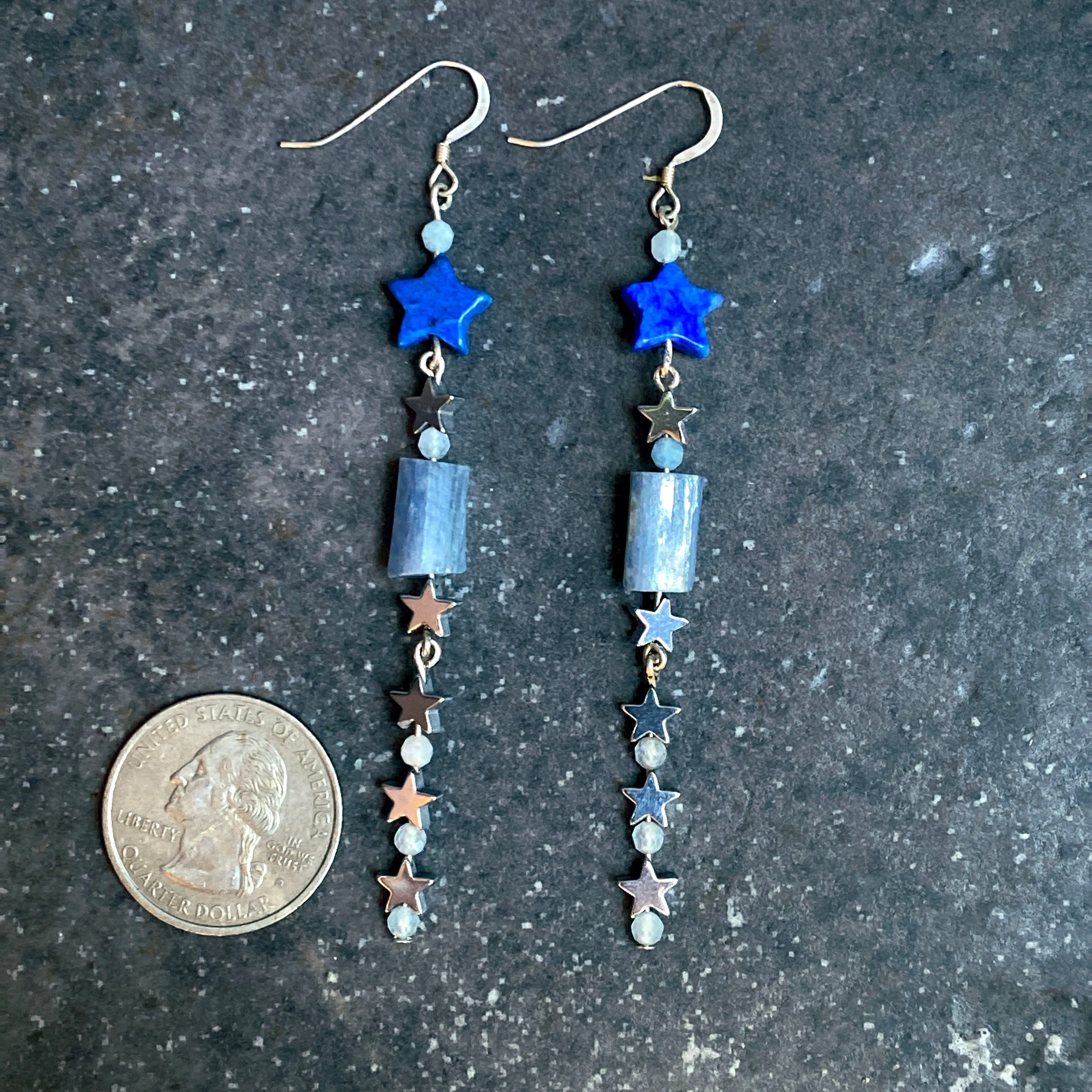 Lapis Star, Hematite Star, Kyanite, and Aquamarine Gemstone Earrings