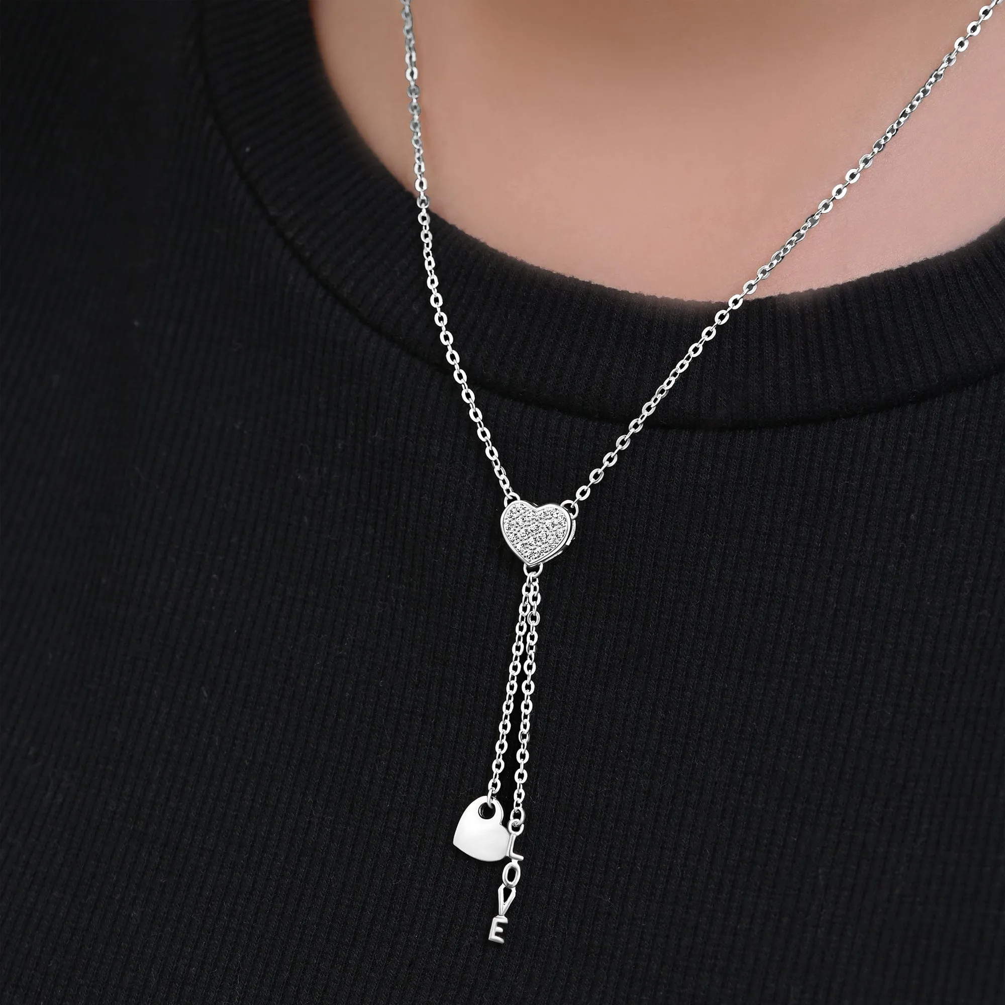 Love Heart Necklace Silver Lariat Tassel Necklace