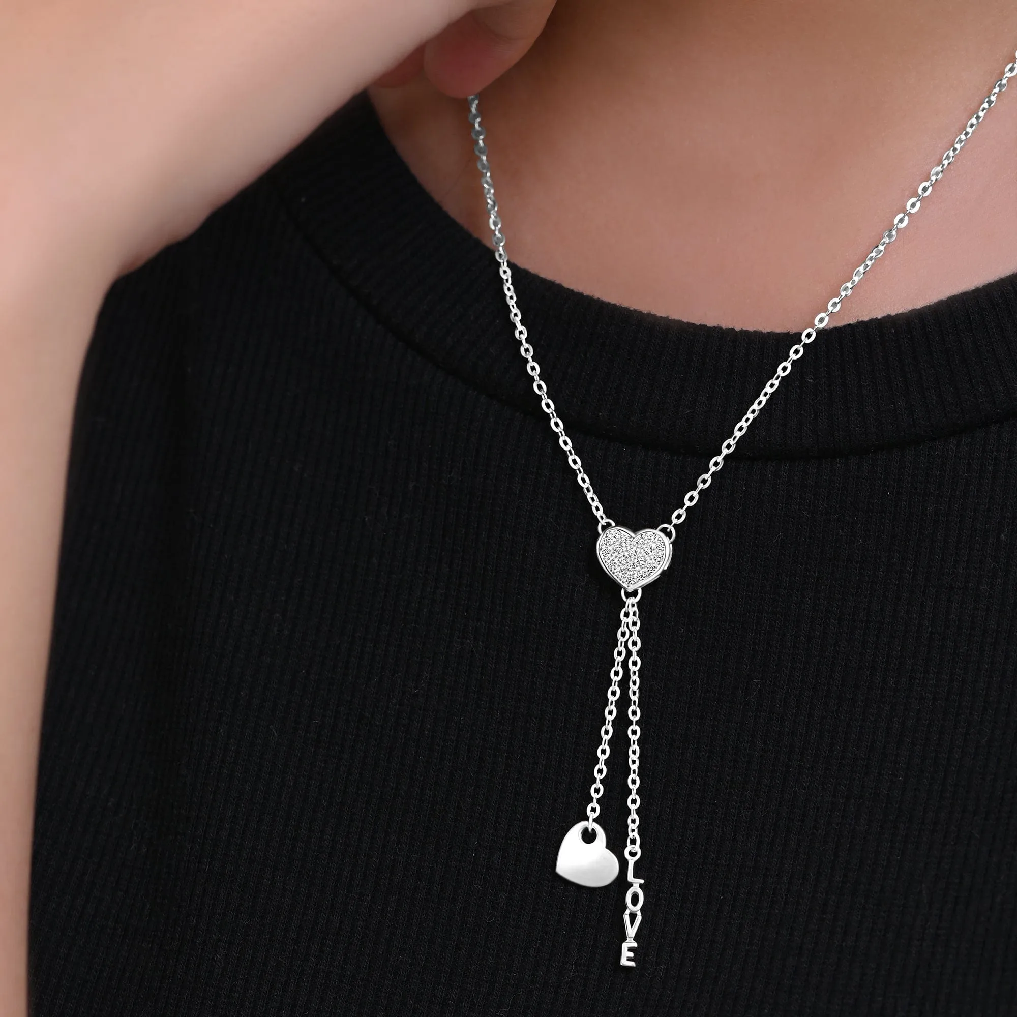 Love Heart Necklace Silver Lariat Tassel Necklace