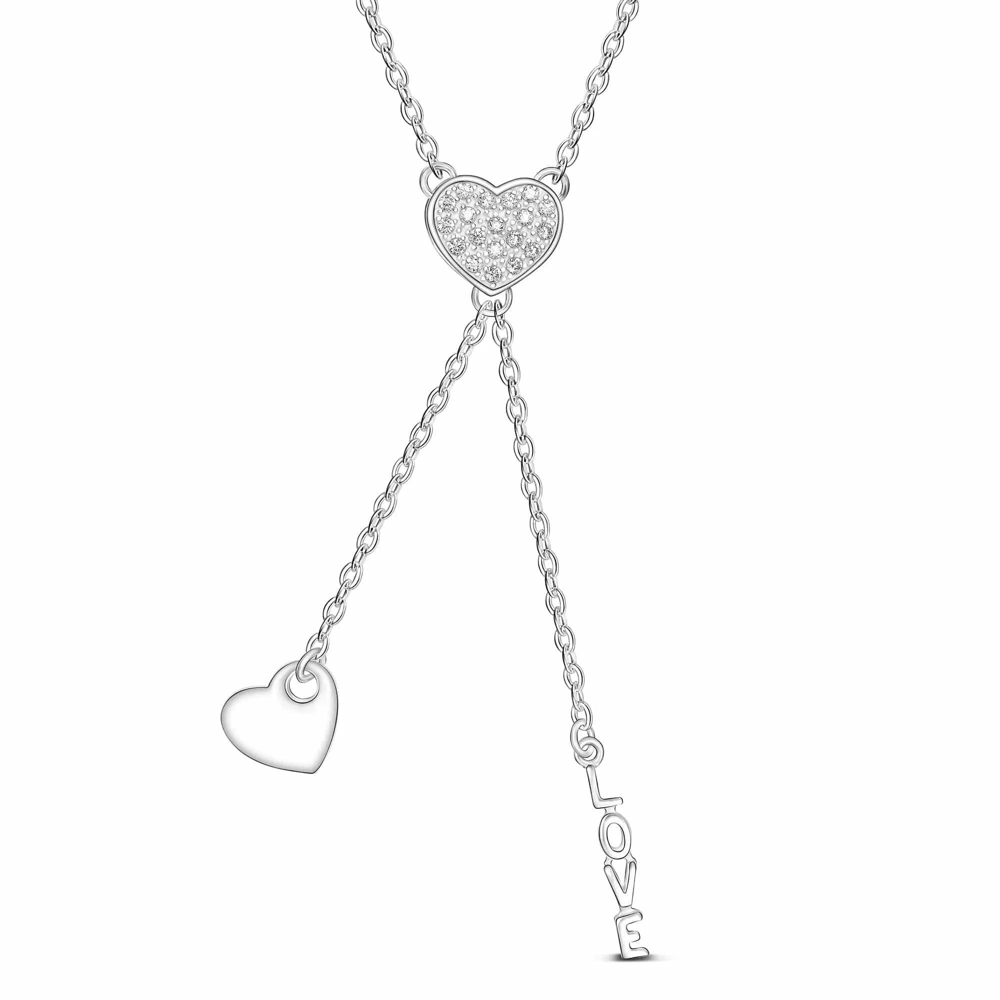 Love Heart Necklace Silver Lariat Tassel Necklace