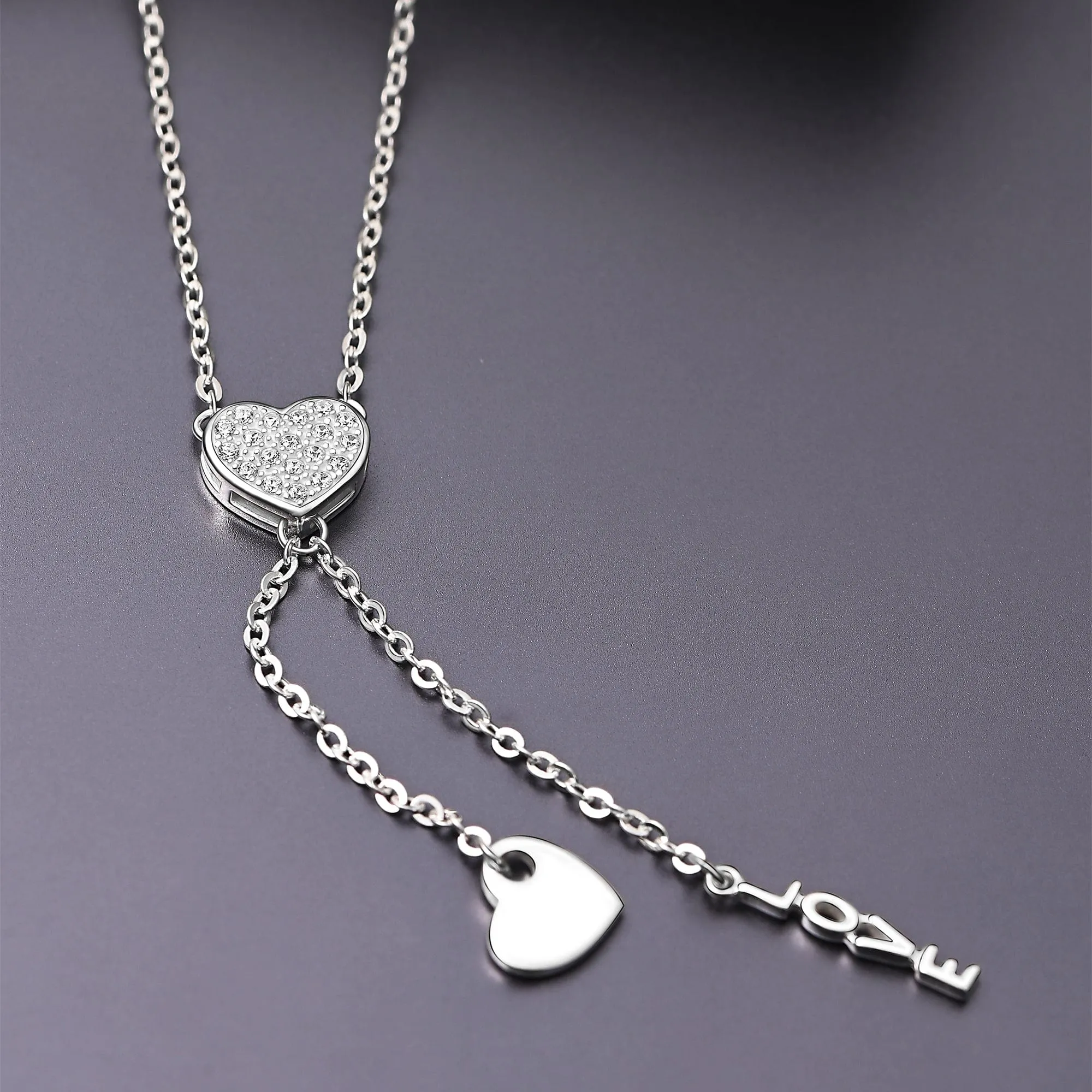 Love Heart Necklace Silver Lariat Tassel Necklace