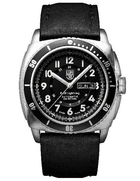 Luminox Mens P-38 Lightning Automatic - Stainless - Black Dial & Strap - Date