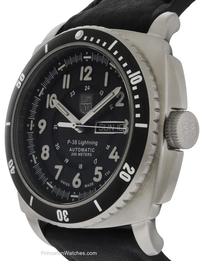 Luminox Mens P-38 Lightning Automatic - Stainless - Black Dial & Strap - Date