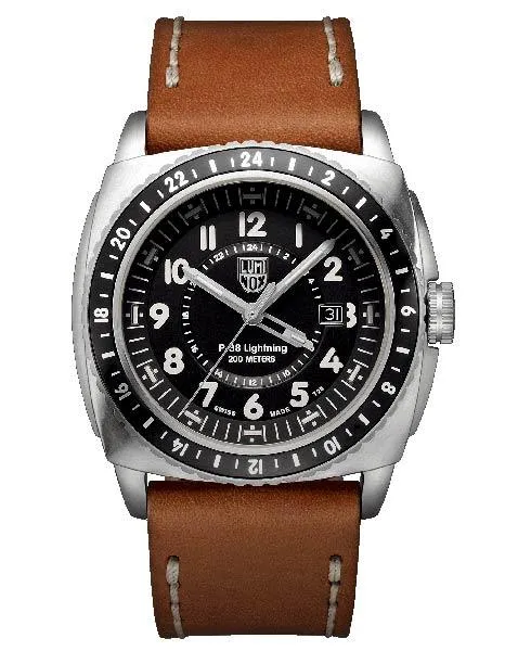 Luminox Mens P-38 Lightning - Black Dial - Brown Leather Strap - Day/Date - 200m