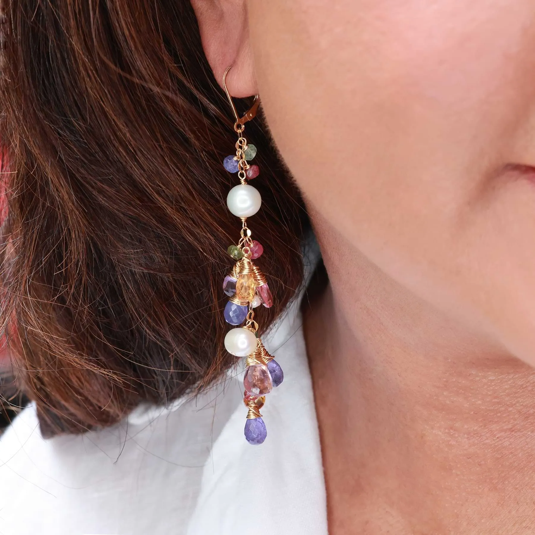 Margeaux - Multi Gemstone and Pearl Gold Cluster Earrings