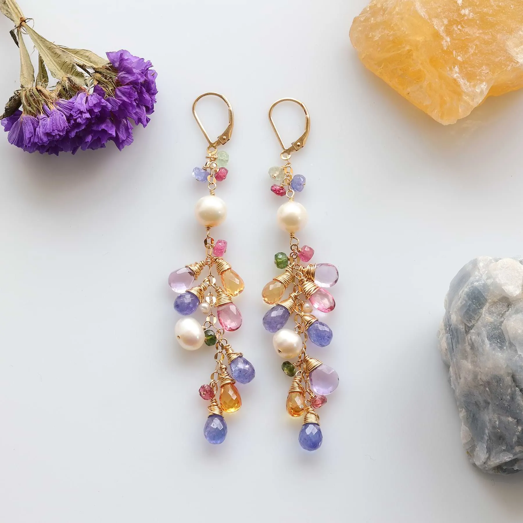 Margeaux - Multi Gemstone and Pearl Gold Cluster Earrings