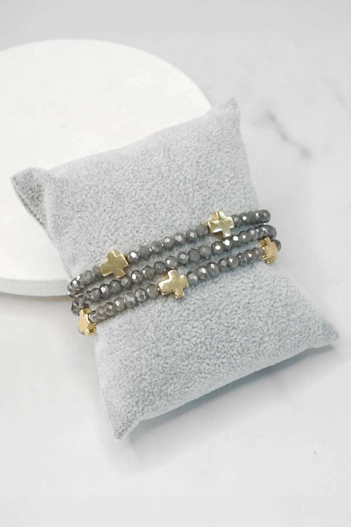 Mini Sideways Cross Bracelet stack Glass and gold metal beads