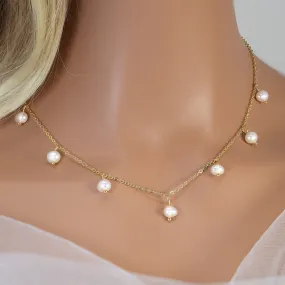 Natural Cultured Pearl Drop Dainty Bezel Necklace, Bridal Chocker Necklace, Statement Earrings Cz