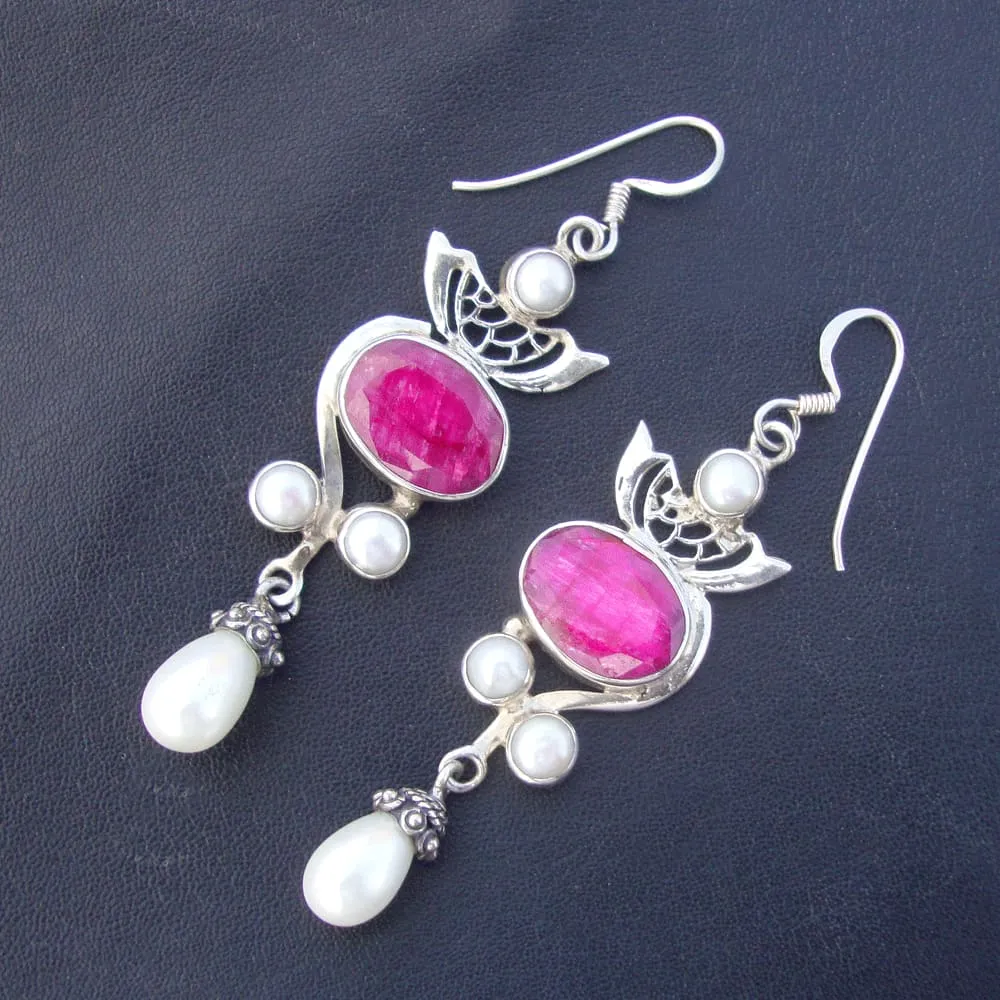 Natural Ruby Pearl 925 Sterling Silver Dangle Drop Earrings jewelry