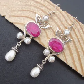 Natural Ruby Pearl 925 Sterling Silver Dangle Drop Earrings jewelry