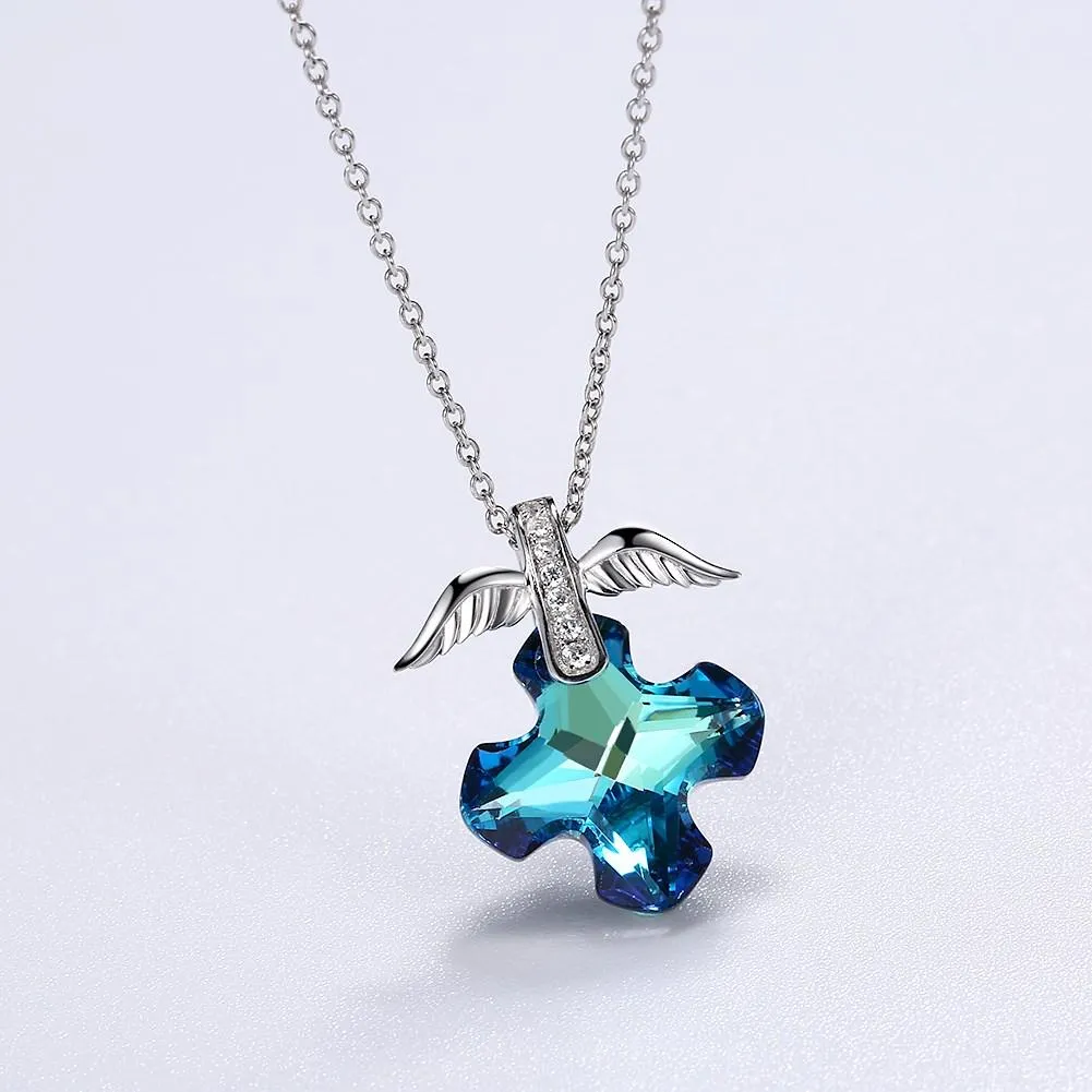 Necklace with Blue Sapphire Crystal Cross with Silver Wings