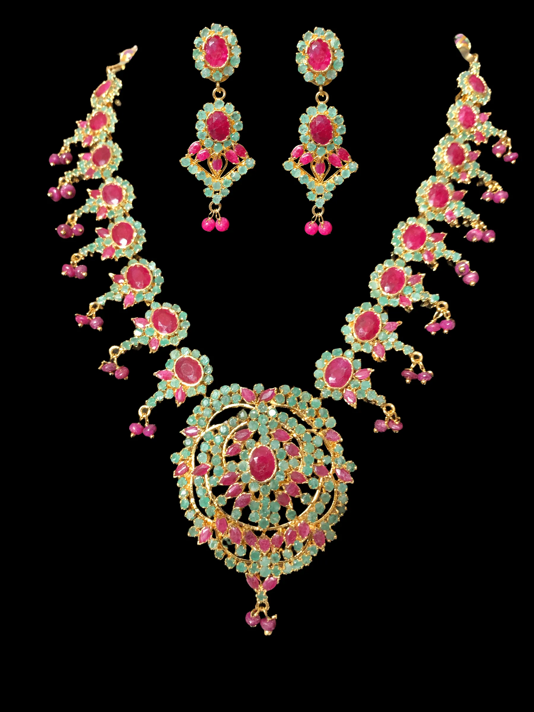 NEELAM -N10, real ruby emerald gold plated necklace set ( READY TO SHIP)