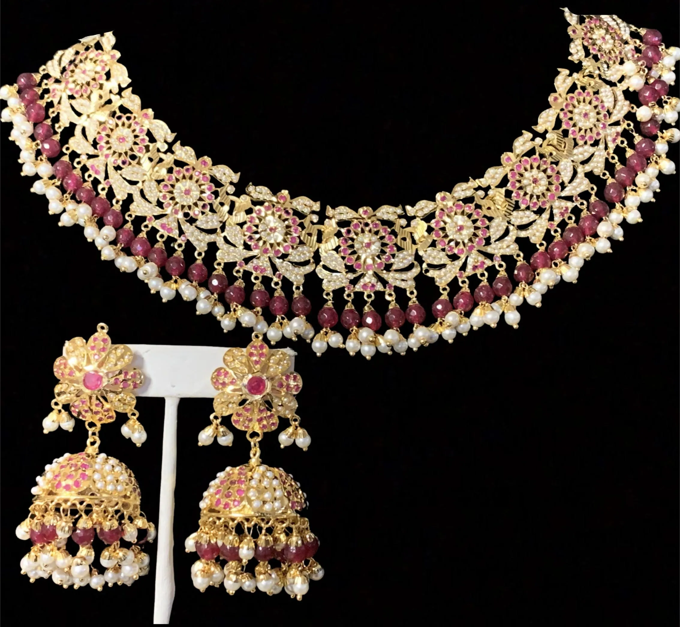 NS163 Rashmika jadau necklace with jhumka ( rubies ) ( SHIPS IN 4 WEEKS)