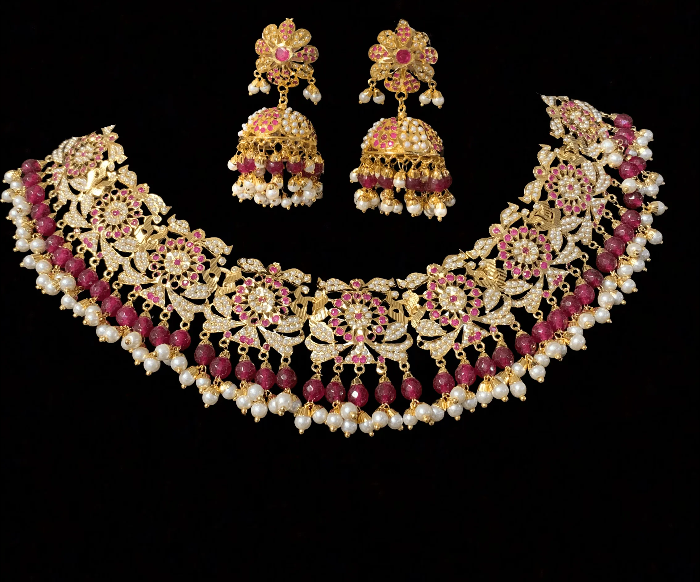 NS163 Rashmika jadau necklace with jhumka ( rubies ) ( SHIPS IN 4 WEEKS)