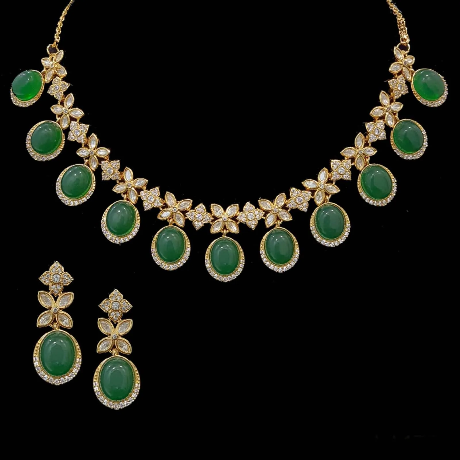 NS345  Gold plated high quality cz polki necklace with earrings - Green ( READY TO SHIP)