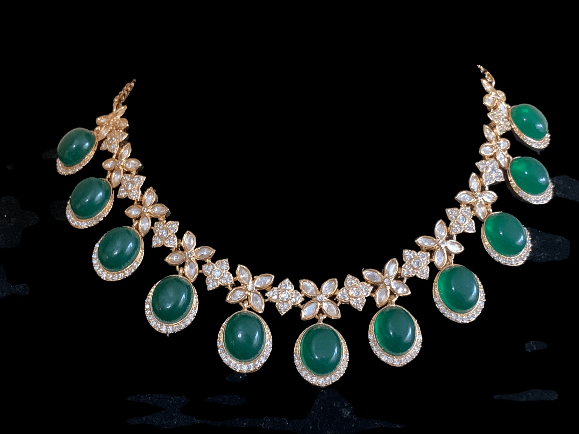 NS345  Gold plated high quality cz polki necklace with earrings - Green ( READY TO SHIP)