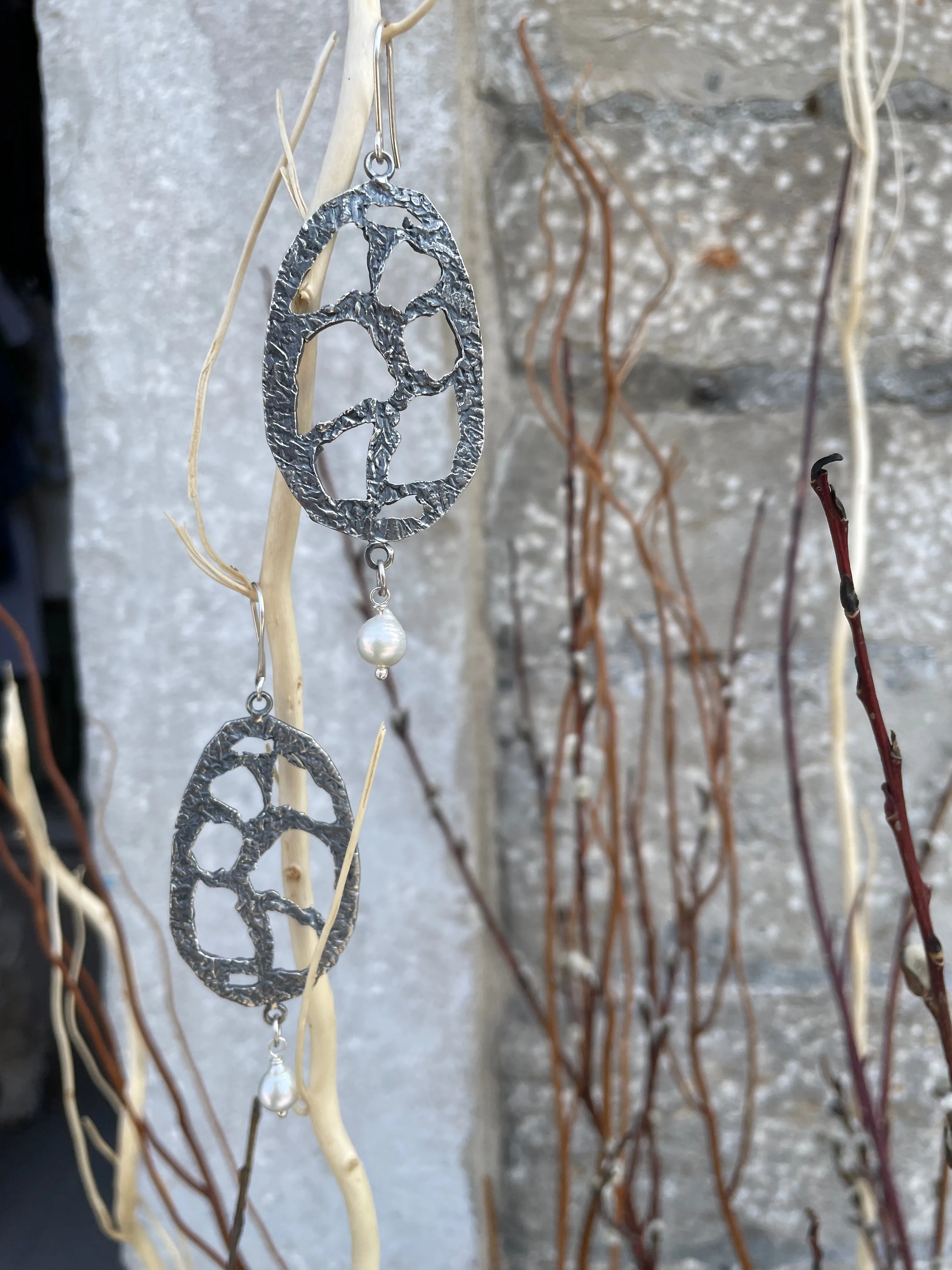 Oblong oval oxidized handmade sterling Silver earrings with white pearls