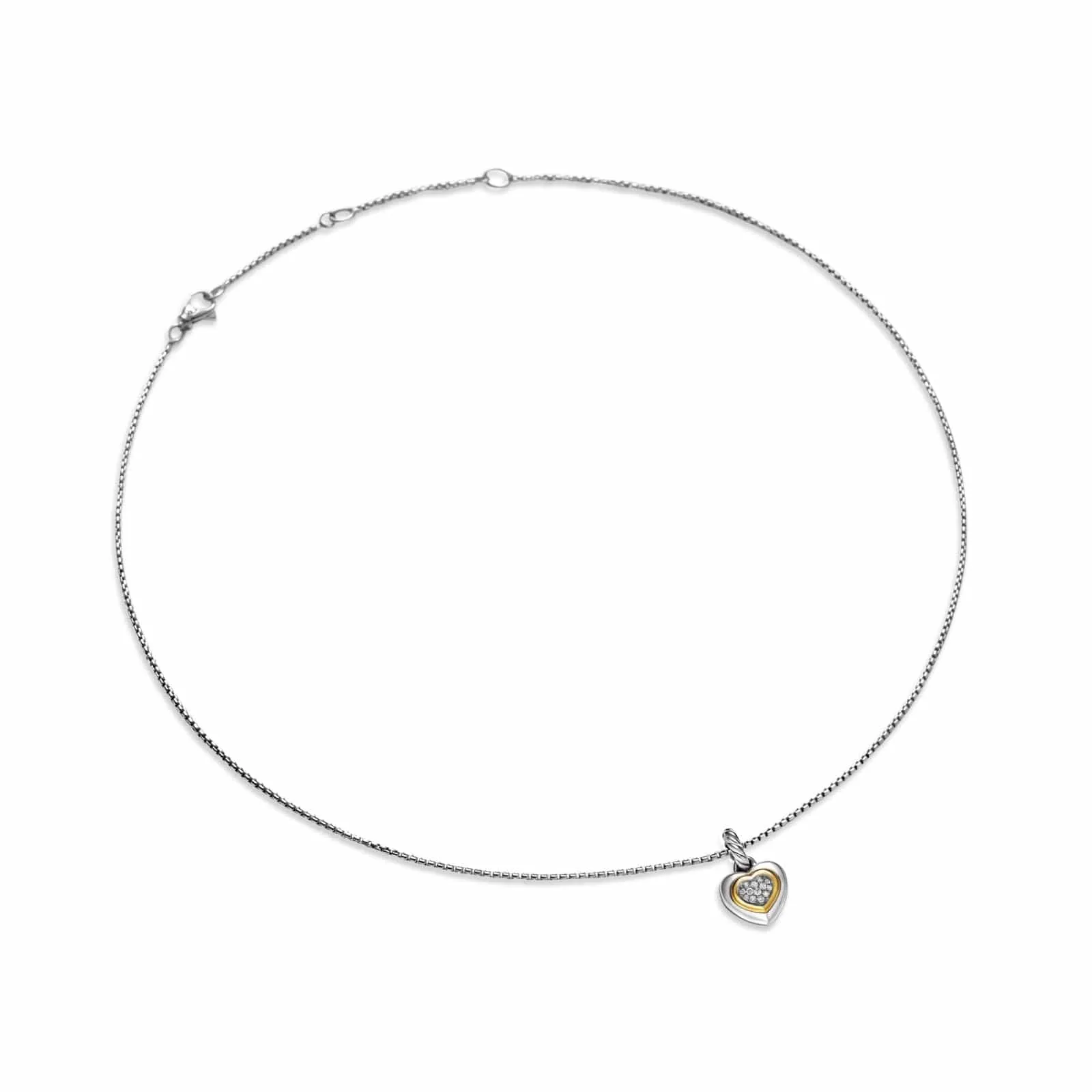 Petite Cable Heart Pendant Necklace in Sterling Silver with 14K Yellow Gold and Diamonds, 17.1mm