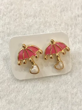 Pink Umbrella Enamel Stud Earrings With Heart