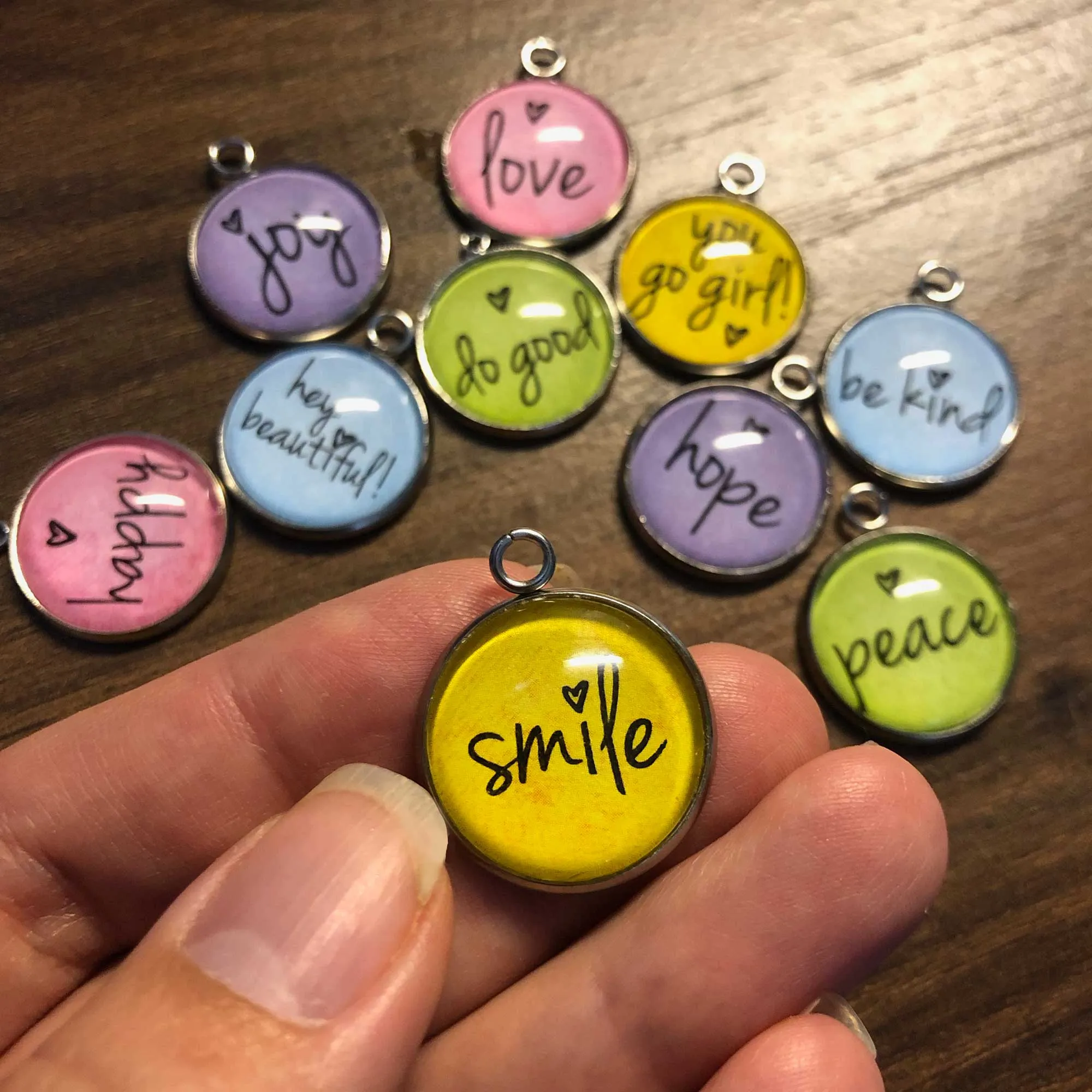 Positivity   Heart Set of 10 COLORFUL Encouraging Charms for Jewelry Making, 20mm, Gold or Silver