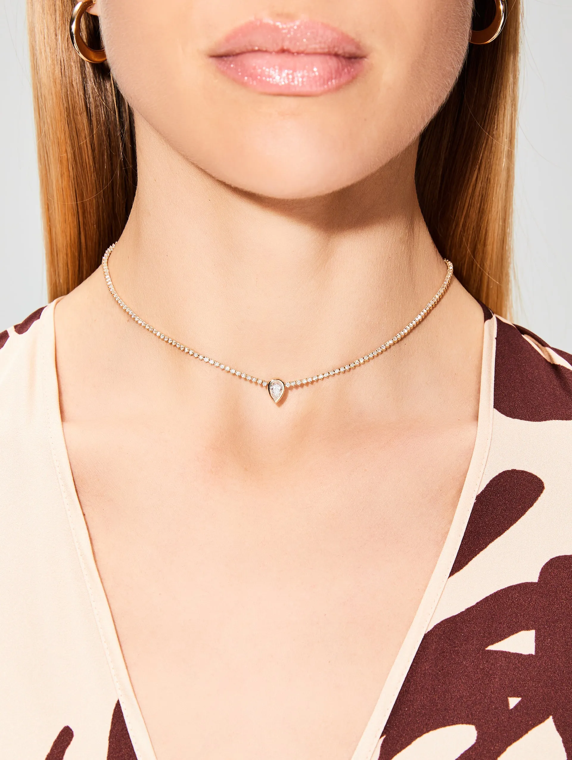 Prong Diamond Tennis Necklace With Pear Diamond Pendant