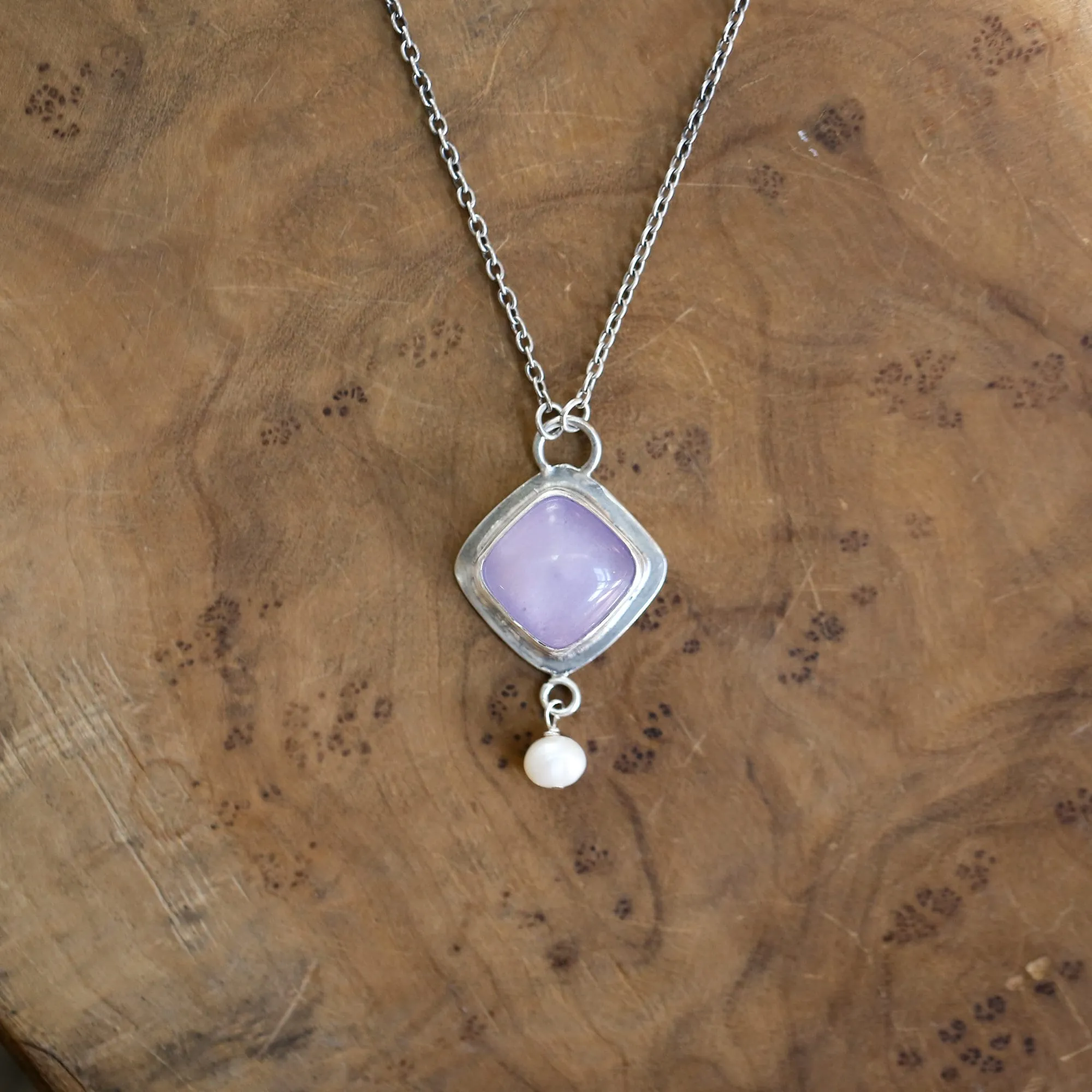 Purple Chalcedony Pendant - Freshwater Pearl Drop - Chalcedony Necklace - .925 Sterling Silver