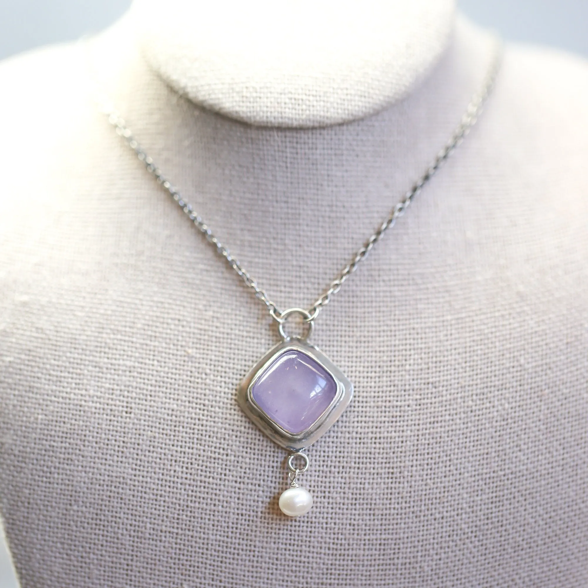 Purple Chalcedony Pendant - Freshwater Pearl Drop - Chalcedony Necklace - .925 Sterling Silver