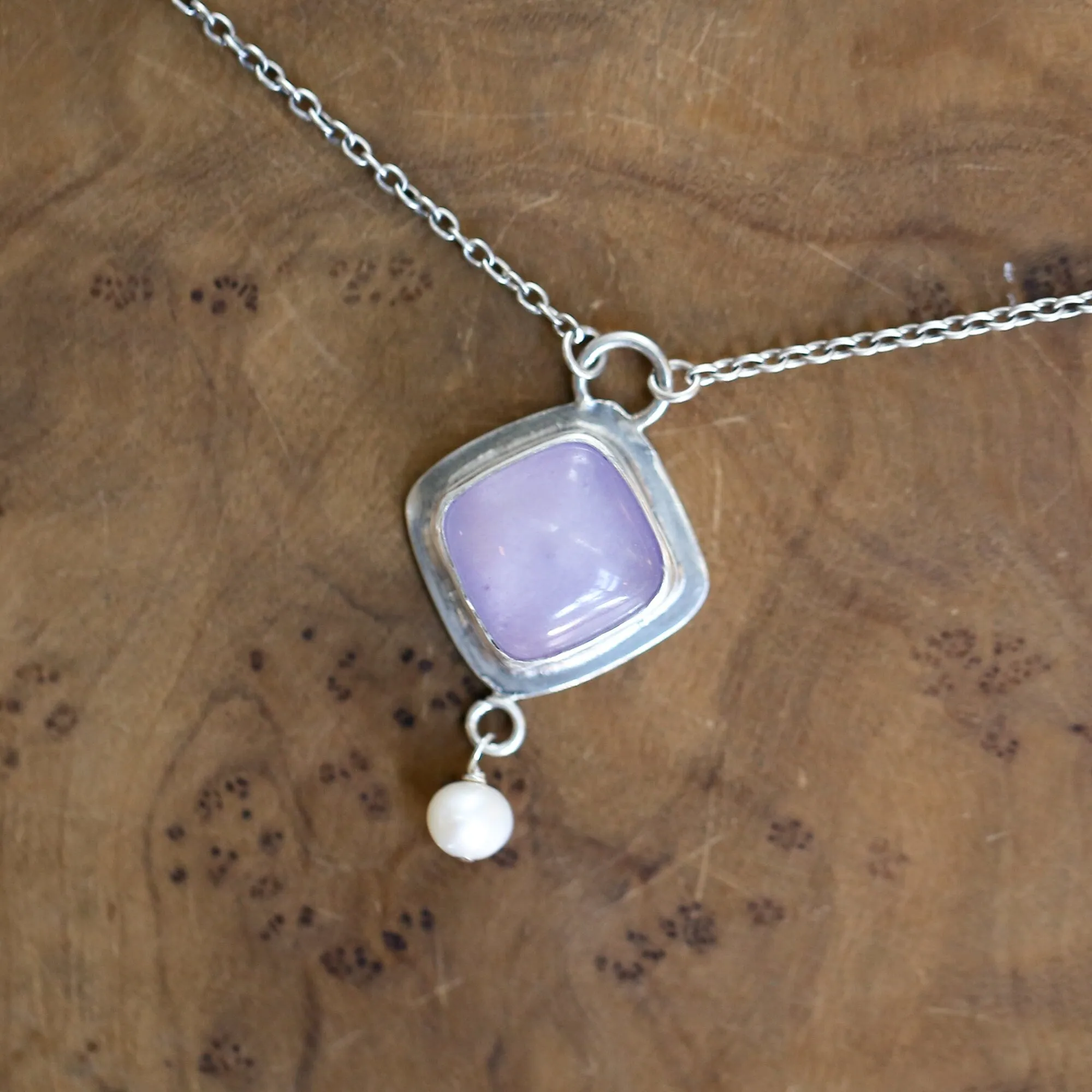 Purple Chalcedony Pendant - Freshwater Pearl Drop - Chalcedony Necklace - .925 Sterling Silver