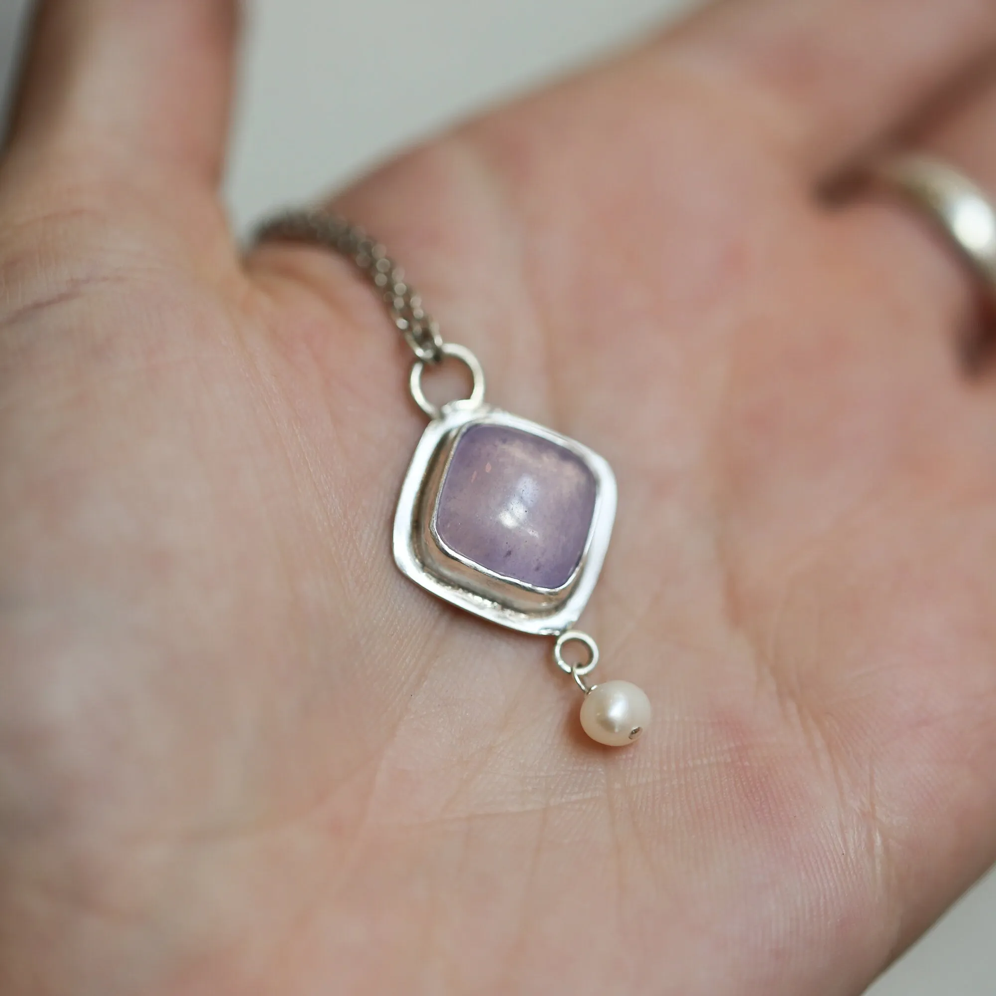 Purple Chalcedony Pendant - Freshwater Pearl Drop - Chalcedony Necklace - .925 Sterling Silver