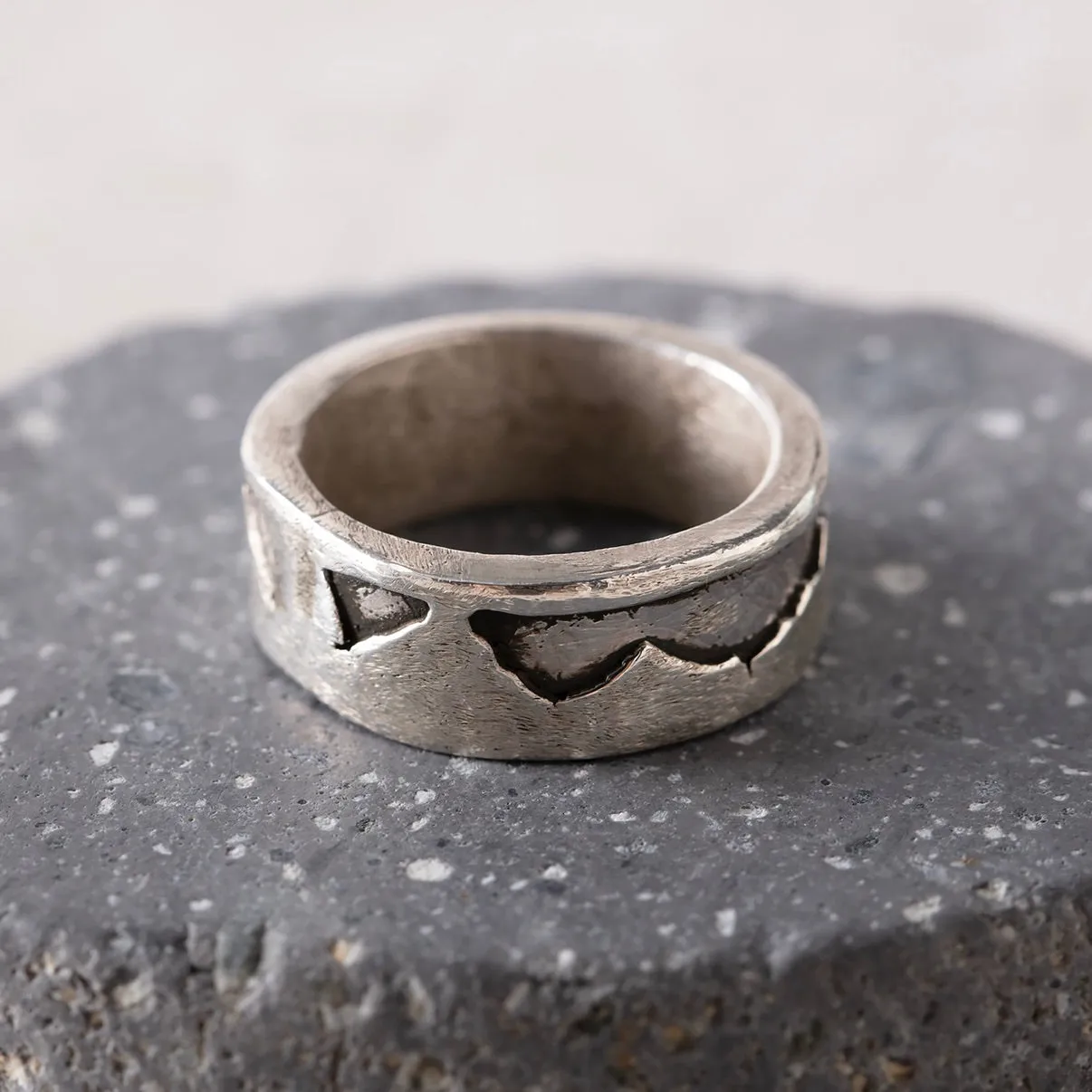 R9 - Sterling Silver Wide Band Framed Mountain Ring w Texture. Custom Sizing; Price May Vary