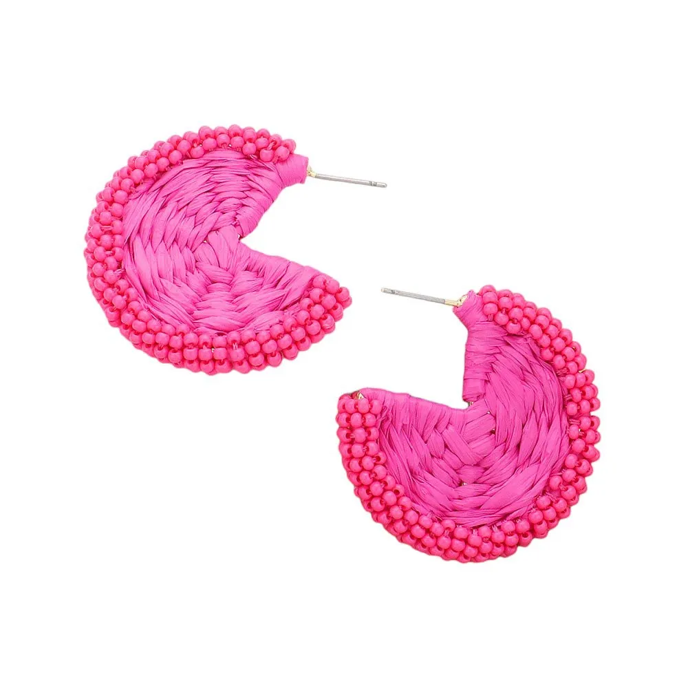 Raffia Wrapped Seed Beaded Round Earrings