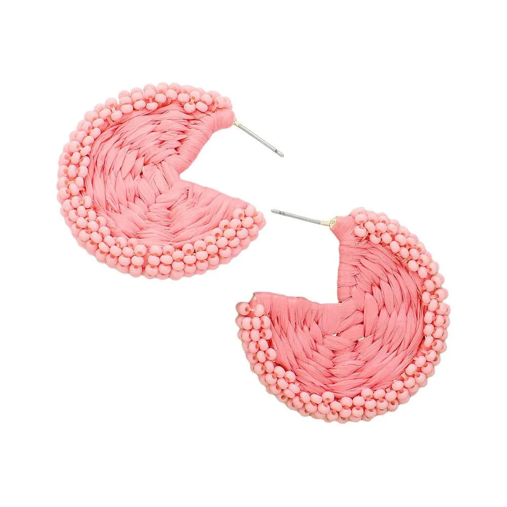 Raffia Wrapped Seed Beaded Round Earrings