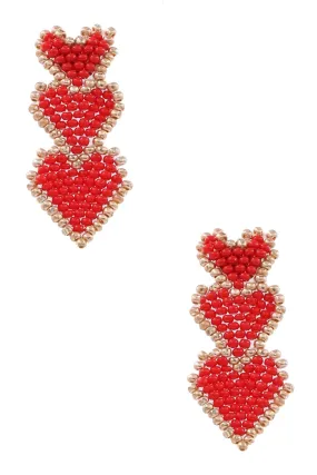 Elegant Red Seed Bead Heart Drop Earrings - Handcrafted Bohemian Style Accessories