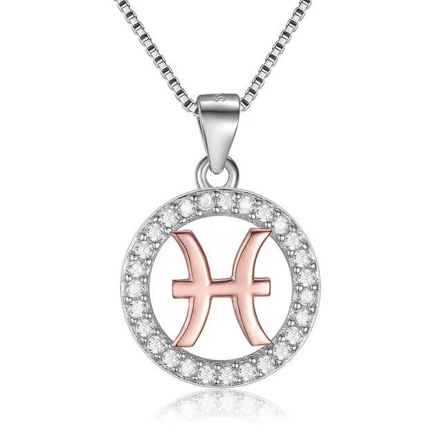 Rose Gold Zodiac Sign 925 Sterling Silver Long Chain Pendant Necklace