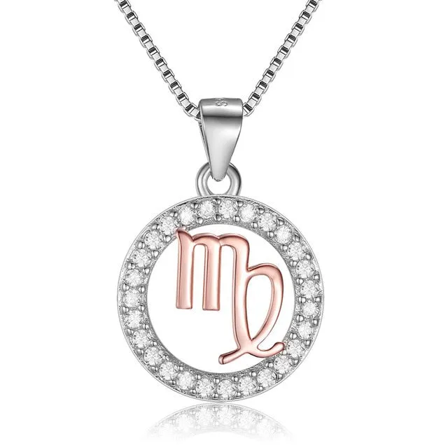 Rose Gold Zodiac Sign 925 Sterling Silver Long Chain Pendant Necklace