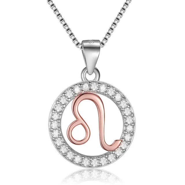 Rose Gold Zodiac Sign 925 Sterling Silver Long Chain Pendant Necklace